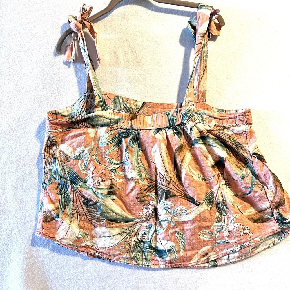A.N.A. XL Orange Tropical Aloha Tank Top Square Neck Tie Shoulder Boxy Cropped - Picture 7 of 7